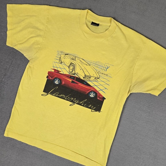 Vtg Lamborghini Countach T-Shirt Mens Large Yellow Thin USA Single Stitch 80s